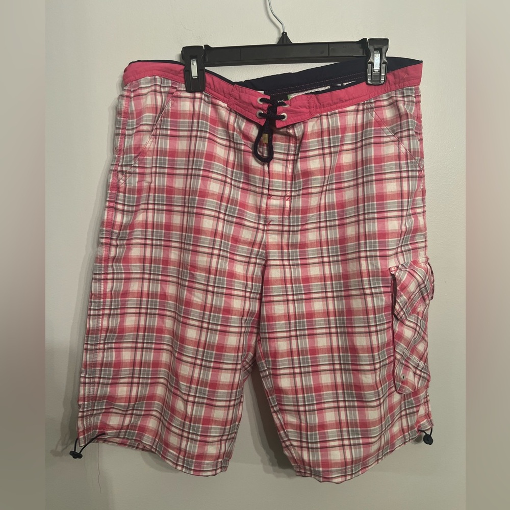 Hugo Boss Mens Swim Trunks Plaid Cargo Shorts Under Liner‎ Pink Size L